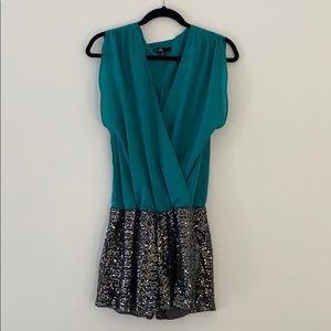 Teal romper with sequin shorts 😍
